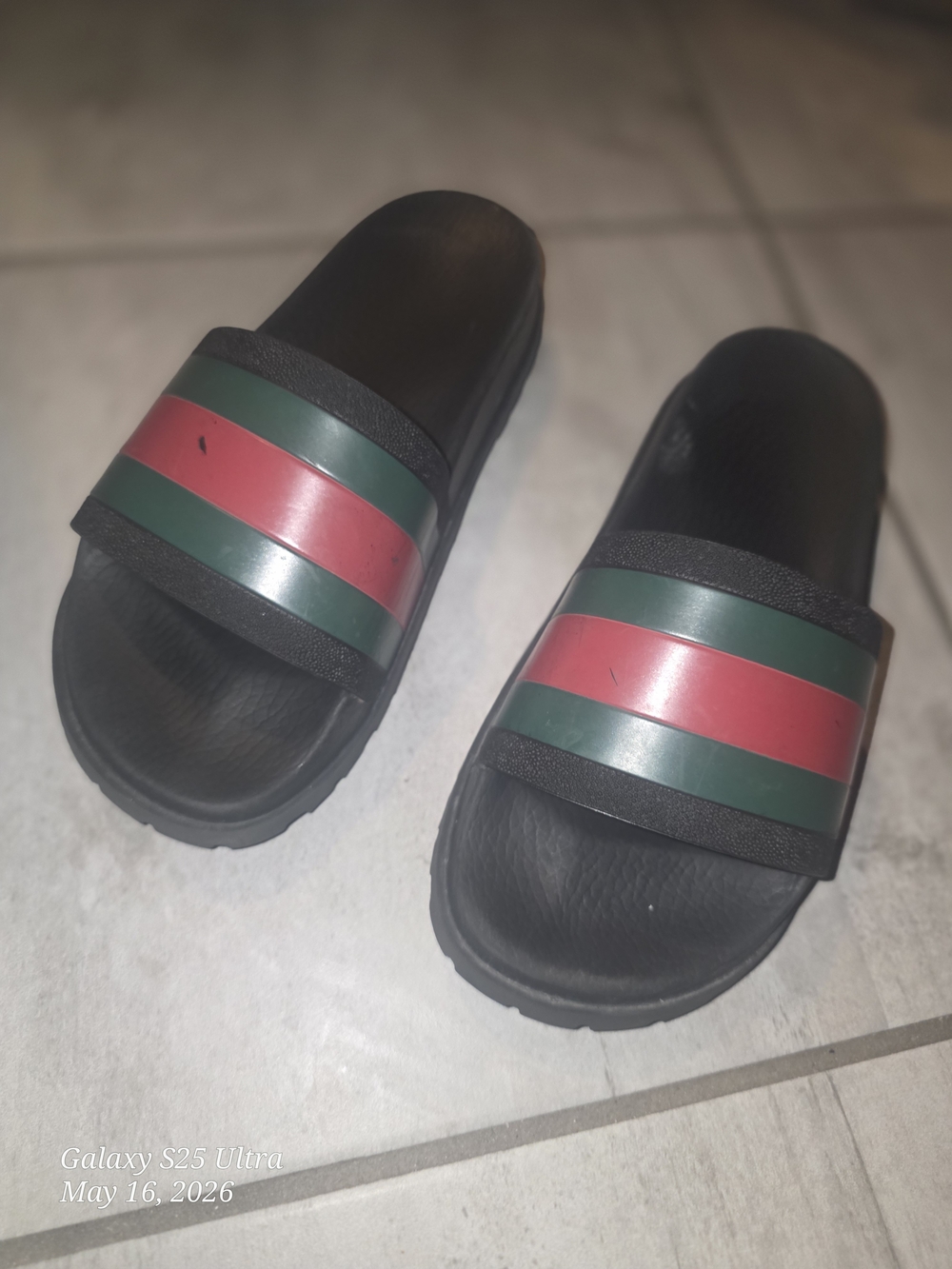 Authentic Gucci Black Slides with Green and Red Stripes